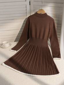 Tween Girl Brown Checkered Autumn Vintage Family Matching Back-To-School Long Sleeve Pleated Knit Dress,Minimalist High-End Modest Contrast Hem Cuffs - Brown - View 2