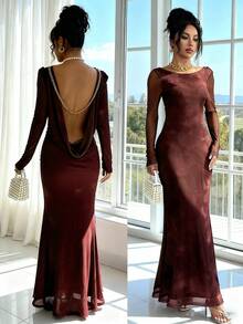 Rafferiza Chain Decor Backless Sexy Brown Mid-Length Dress For Women - Brown - View 1