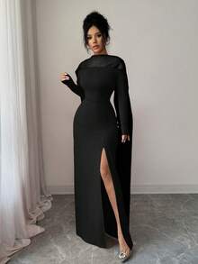 Elenzga Satin Ribbon Back Hollow Pearl Multi-Layer Chain Embellished Long Sleeve Cinched Waist Mermaid Slit Knit Dress, Stretchy Bodycon Party Holiday French Elegant Sexy, Red - Black - View 6