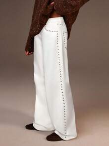 Athîral Women's Rivet Pocket Wide Leg Loose Casual Jeans - Apricot - View 4