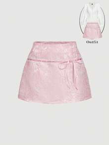 SHEIN MOD 女士优雅通勤纯色提花蕾丝边半身裙，冬季，感恩节，时尚，复古，粉色半身裙，复古风 - 粉色 - 查看 1