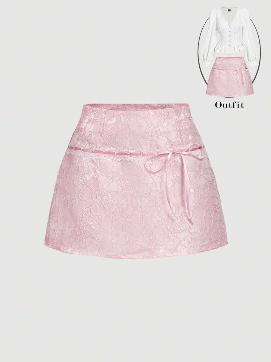 SHEIN MOD 女士优雅通勤纯色提花蕾丝边半身裙，冬季，感恩节，时尚，复古，粉色半身裙，复古风 - 粉色 - 查看 1