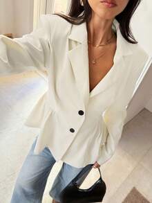 SHEIN Frenchy Women's French Casual Autumn Minimalist Solid Color Elegant Single-Breasted Buckle Puff Hem Lapel Collar Long Sleeve Blazer Blazer, Suitable For Commuting Cream Women Women Elegant,Fall Winter Women 2025 New! Oversized Loose Fit With Cinched Waist, Ideal For Work Office Business Casual, Teacher Style, Old Money Aesthetic, Suitable For Daily Wear & Outings,Autumn And Winter New Arrivals.All-Season,Women's Winter, New Year - Apricot - View 1