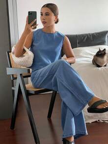 Livesso Conjunto de top de manga corta de cuello redondo y jeans de corte holgado para mujer - Azul lavado oscuro - Ver 5