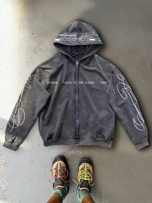 Manfinity EMRG 男士复古字母印花棉质连帽卫衣 - 黑色 - 查看 4