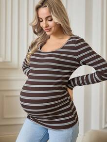 SHEIN Randig, figurnära, långärmad t-shirt för gravida, höst - Brun - Visa 5