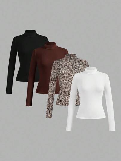 SHEIN Essnce 4pcs/Set Women Plus Size Casual Minimalist Turtleneck Slim Fit T-Shirt Pullover, Autumn/Winter