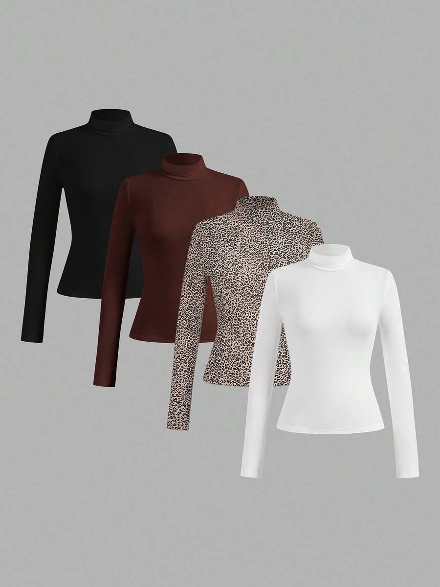 SHEIN Essnce Bộ 4 áo thun cổ lọ ôm vừa vặn, đơn giản, cỡ lớn dành cho nữ, mùa thu/đông - Nhiều màu - Xem 1