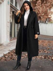 SHEIN Clasi Manteau matelassé long à capuche en couleur noire unie pour femmes rondes et grandes tailles. Avec doublure en coton et poches. Présente un col capuche style costume, double poches, de haute qualité, chaud, confortable et isolant. Convient pour de multiples occasions, nouvelle collection 2025 - Noir - Voir 7
