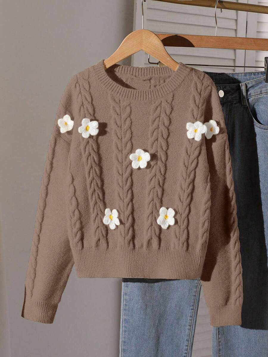 SHEIN 女童清新甜美3D立体花卉扭结针织圆领毛衣,适合居家、外出、派对、返校等场合 - 巧克力棕 - 查看 1