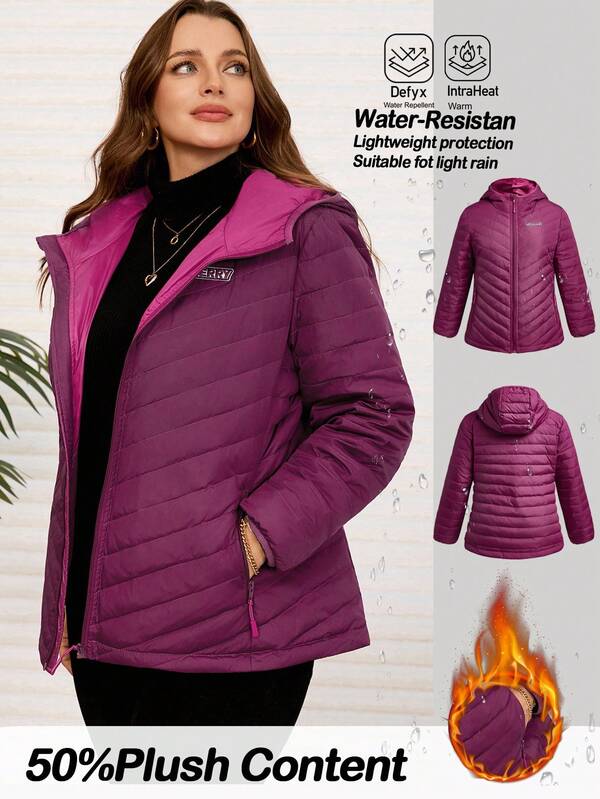 EMERY ROSE Plus Size Women's Winter Casual Warm Solid Color  Fuchsia Hoodie  Zip-Up Waterproof Down Jacket, Going Out Outfits,2025 New Clothes,Simple And Fashionable For Everyday Wear, Plus Size Winter Clothes, Christmas Outfit For Women ,New Year Clothes,Thickened Padded Coat,Quilted Jacket With Pockets,Christmas Outfit For Women ,New Year Clothes