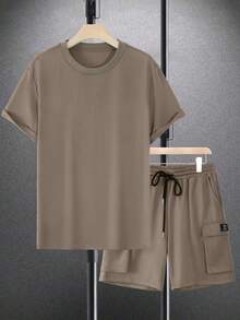Manfinity Homme Bộ đồ nam gồm áo thun ngắn tay tối giản màu trơn và quần short, bộ đồ hai mảnh thường ngày cho nam, bộ đồ phối đồ nam, bộ đồ nỉ mùa hè ngắn cho nam, quần nỉ kaki cỡ lớn màu nâu cho nam, trang phục ấm áp - Màu Khaki - Xem 4
