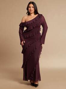 SHEIN BAE Váy dài tay xẻ tà viền bèo nhún cỡ lớn màu nâu cho nữ - Màu Đỏ Sâu - Xem 3
