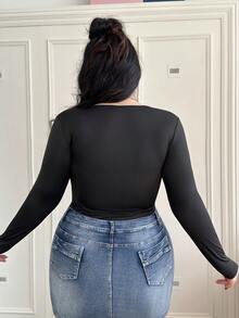 CovetEZ 大码纯色长袖紧身衣 - 黑色 - 查看 10