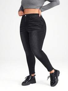 Firerie Pantalones de mezclilla negros elásticos y entallados de talla grande de 3/4