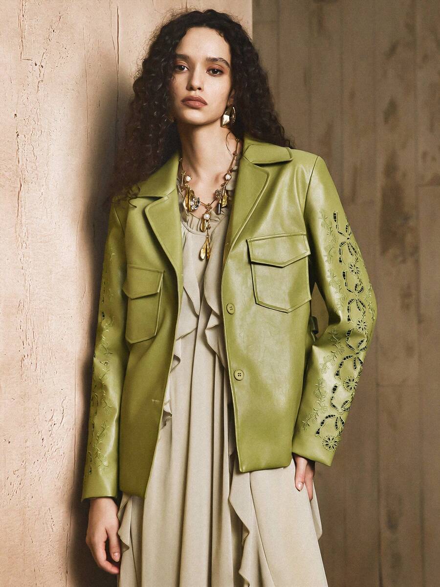 Chiquease Áo khoác blazer đi làm sang trọng, thoải mái và thanh lịch có ve áo, thêu cắt laser, tay dài dành cho nữ - màu xanh lá - Xem 1