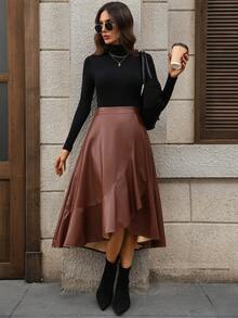 EMERY ROSE Váy Peplum dáng xòe rộng viền bèo nhún da lộn cho mùa thu dành cho nữ - màu nâu - Xem 7