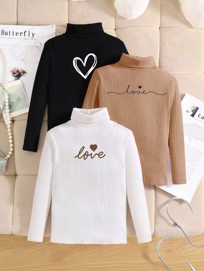 SHEIN 3 st/set avslappnade, bekväma t-shirts med hög halsringning för flickor, långärmade