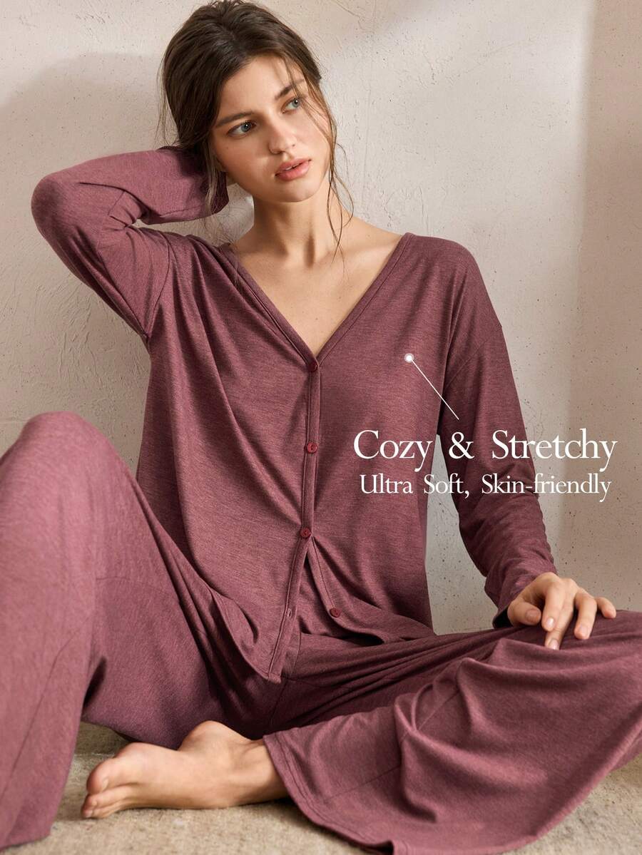 Ocili Minimalist Comfortable Collarless Soft Women Lounge Set Sleep Wear Women Loose V Neck Lounge Wear, Winter Clothes - Redwood - View 1
