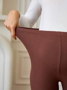 SHEIN Legging Casual de Cintura Alta Sólida, Cintura Elástica Slim para Gestantes - Castanho - Visão 4