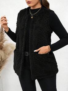 SHEIN Tall CURVE 大尺碼女款休閒毛絨質感雙口袋前開襟背心，適合秋冬/冬季 - 黑色 - 查看 6