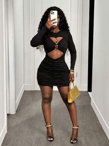 BamGleam Autumn And Winter New Sexy Party Hollow Metal Ring Decoration Long Sleeve Pleated Tight Women's Mini Dress -Perfect For Daily Gatherings, Wild Parties, And Sensual Outfits