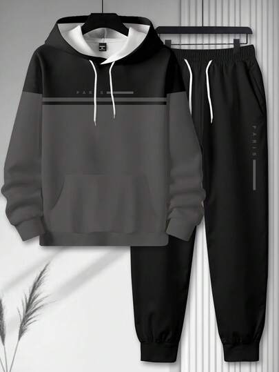 Manfinity Homme 2 pièces/Set sweat-shirt à capuche et pantalon décontractés avec imprimé lettre Paris pour hommes en grande taille, ensemble de survêtement, convient comme cadeau pour le petit ami, le partenaire, en automne