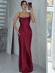 Aloruh Women's Solid Color Plunging Neckline Fitted Mermaid Hem Elegant Maxi Slip Dress,Red Dresses For Women,Christmas Dresses For Women Wine Dress - Burgundy - View 7