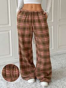 SHEIN EZwear 女式休闲格子抽绳腰长裤，秋冬 - 彩色 - 查看 6