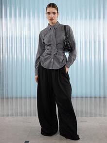 COUREZ Long Sleeve Cinched Waist Check Shirt With Front Tie Detail /Y2K Casual Going Out Tops Sexy Party Party Top Elegant Women's Blouses Plaid Shirt Summer Tops - Grey - View 1