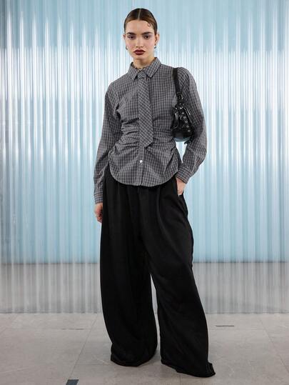 COUREZ Long Sleeve Cinched Waist Check Shirt With Front Tie Detail /Y2K Casual Going Out Tops Sexy Party Party Top Elegant Women's Blouses Plaid Shirt Summer Tops