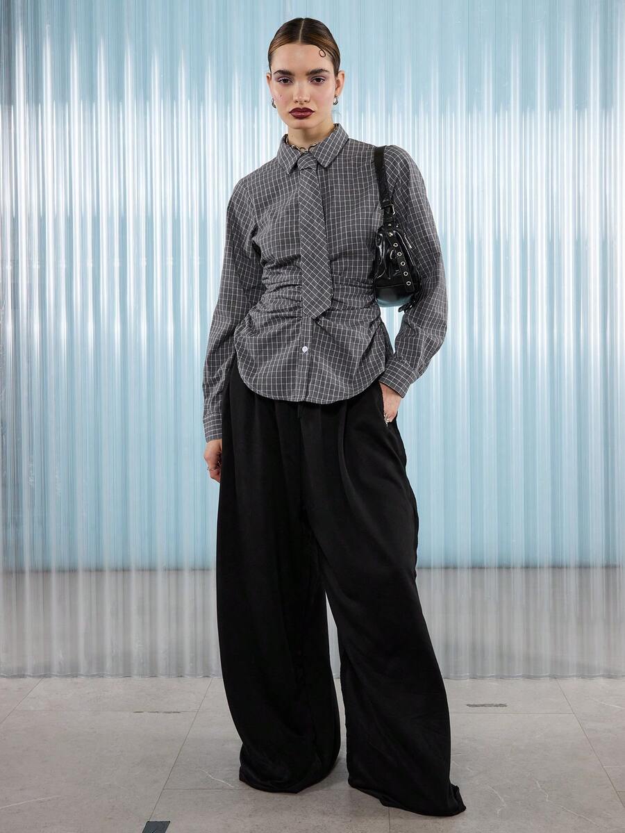 COUREZ Long Sleeve Cinched Waist Check Shirt With Front Tie Detail /Y2K Casual Going Out Tops Sexy Party Party Top Elegant Women's Blouses Plaid Shirt Summer Tops - Grey - View 1