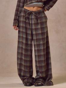 MUSERA Pantalon large à cordon de serrage en laine brossée à carreaux. Streetwear à la mode, idéal pour les sorties, le décontracté et le quotidien. Nouveau style rétro pour l'été - Marron - Voir 2