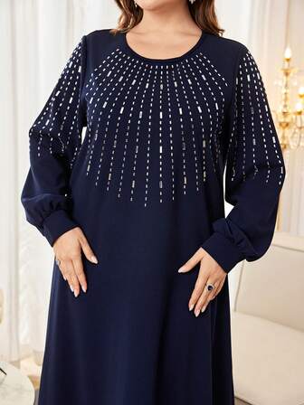 Al Najma Plus Size Women Rhinestone Embellished Long Sleeve Elegant Straight Maxi Dress