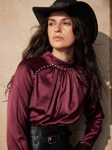 Zovinel Women's Fitted Burgundy Satin Long Sleeve Top With Rhinestones, Suitable For Commuting And Parties, Autumn/Winter - Burgundy - View 7