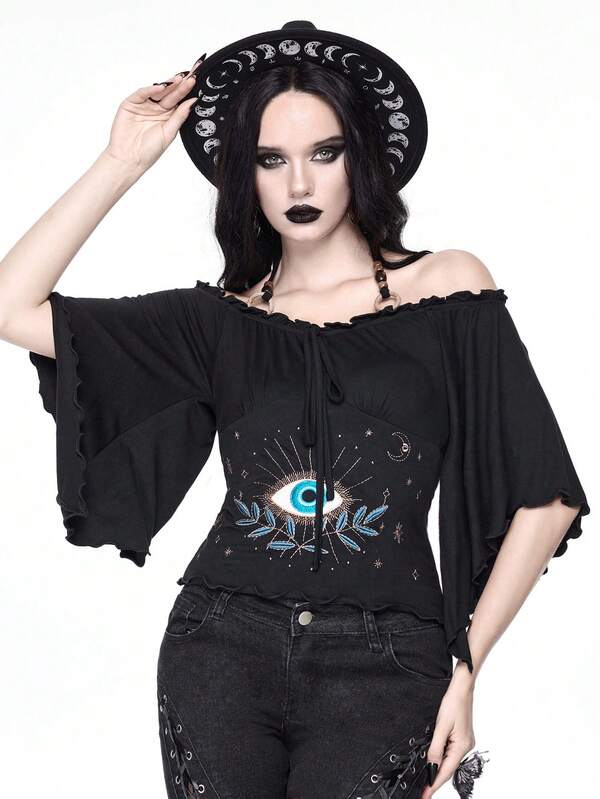 ROMWE Goth Vintage Loose Off Shoulder Wood Bead Decor Eye Embroidery Batwing Sleeve Women T-Shirt
