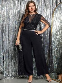 SHEIN Clasi Mono de pierna ancha con parches de malla con strass para mujer de talla grande, elegante y lujoso - Negro - Ver 4