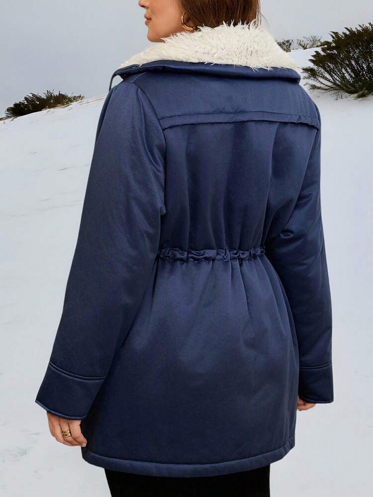 Plus Size Women Winter Casual Solid Color Zip-Up Fuzzy Inside Warm Drawstring Waist Thermal Lined Padded Coat With Pockets,Autumn/Winter,Going Out Outfits,2025 New Clothes,Simple And Fashionable For Everyday Wear, Plus Size Winter Clothes,Blue Jacket