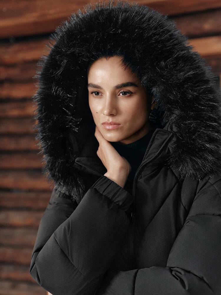 女性用ファッショナブルなカジュアル ウエストシェイプ取り外し可能な フェイクファー衿 キルティング ブラック ジップアップ コットンパデッドジャケット、秋冬、外出、エレガント、シック向け