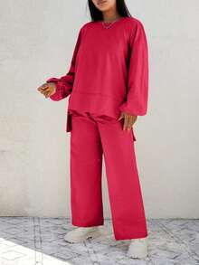 RueChic Plus Size 2pcs/set Outfit, Short Front And Long Back Style - Hot Pink - View 4