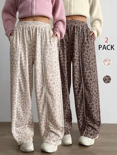 Aidyla 2pcs Set Contrast Color Block Leopard Print Sporty Casual Sweatpants