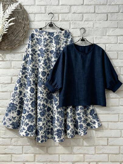 EMERY ROSE 大码女式棉麻复古风纯色圆领上衣和印花中长裙套装