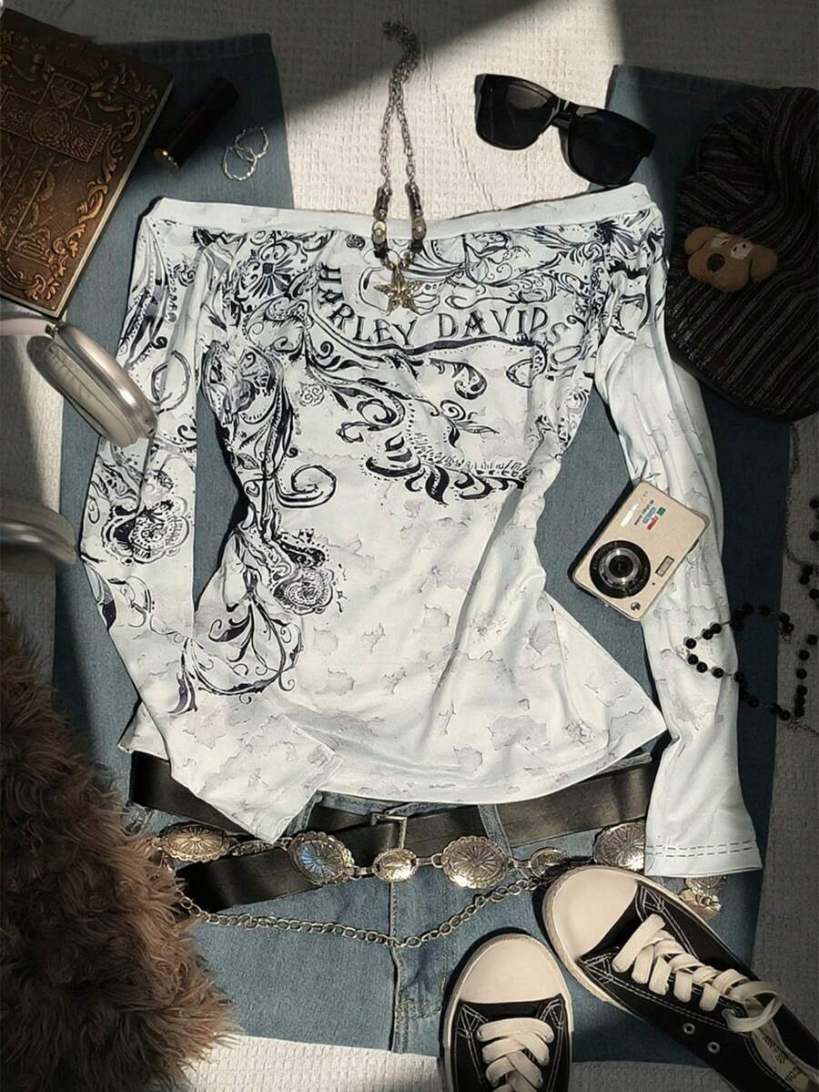 Glimmora Women's Y2K Punk Romantic Vine Print Off-The-Shoulder Fitted T-Shirt, Holiday Gift, Fashion , Grunge, Gothic, Sister Gift, Family Gift, Halloween - Multicolor - View 1