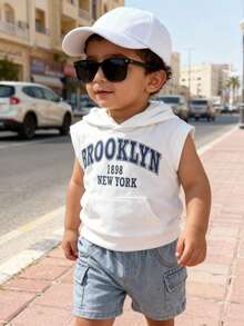 SHEIN Playful Pals 2pcs/Set Infant/Baby Boys Casual Outfit, Including White Graphic Print Hooded Sleeveless Vest & Blue Elastic Waist Pocket Denim Shorts, Suitable For Casual, Sports, Daily Wear, Outings, Traveling Summer Outfits Boy Summer Outfits Infant Outfit Sets Boys Outfit Sets Summer Boy Clothes For Kids 3t Boy Clothes For Toddlers Kids Boys Clothing Summer Clothes For Boy Toddlers - Multicolor - View 3