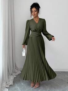Rafferiza New Elegant Puff Sleeve V-Neck Solid Color Pleated Waist Slim Fit Women Dress, Autumn/Winter - Army Green - View 3
