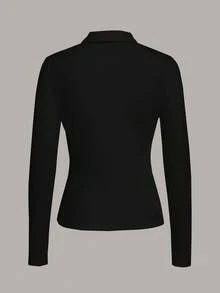 SHEIN BASICS 女款休閒純色針織半拉鍊長袖修身T恤上衣 黑色 教師節 辦公室 秋季 - 黑色 - 查看 3