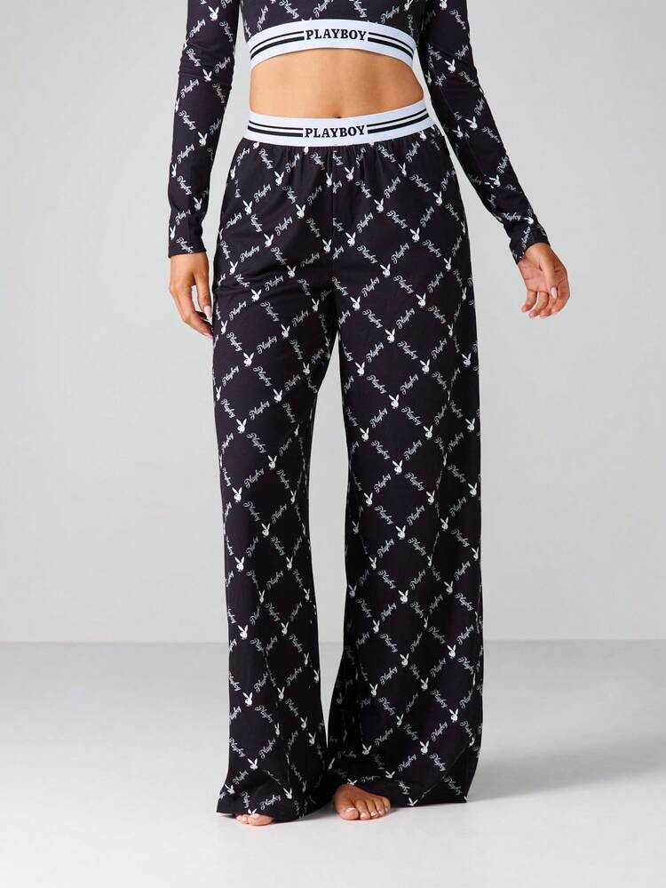 Missguided x Playboy Logo Printed Lounge Trouser Set Long Sleeve Crop Top Wide Leg Pants Comfortable Sleepwear Loungewear