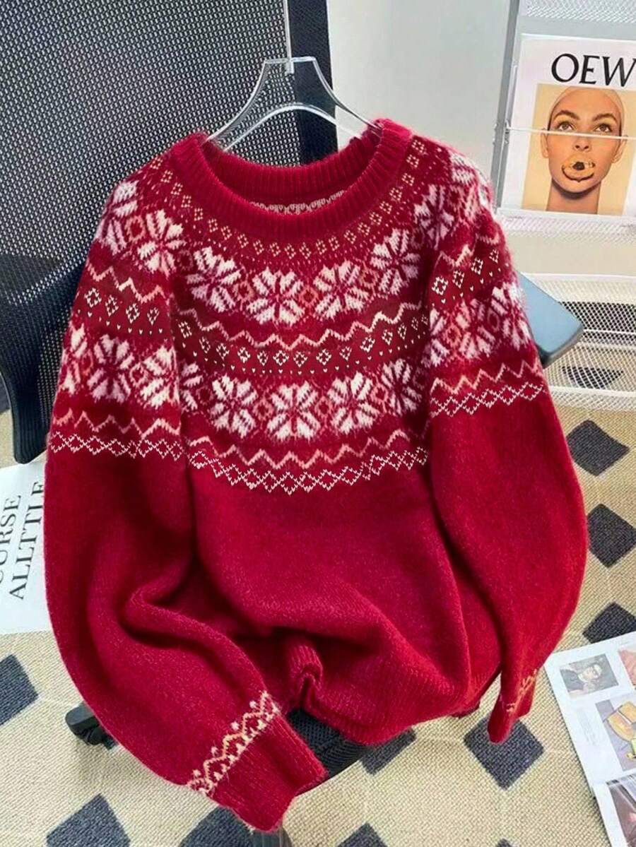 Franclia Áo len cổ tròn tay dài họa tiết bông tuyết dáng rộng thoải mái cho nữ, mùa thu/đông - Màu Đỏ Sâu - Xem 1