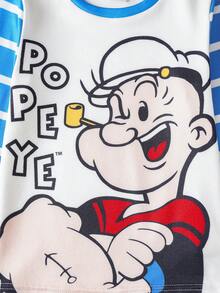 Popeye X SHEIN Bộ đồ ngủ liền thân co giãn màu tương phản họa tiết hoạt hình sọc xanh trắng cho bé trai - Màu xanh lam - Xem 5