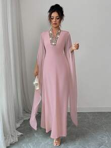 Rafferiza Women's Solid Color Elegant Dignified V-Neck Embroidered Collar Split Long Sleeve Maxi Dress, Suitable For Banquet, Daily Wear, Simple - Pink - View 4